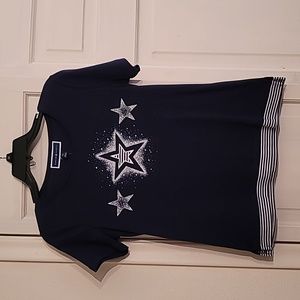 Karen Scott Navy Crystal Embellished Tee Striped Border. 4th of July. New. PS